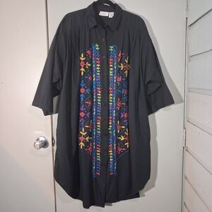 Go Softly Womens 1X Shirt Dress Black Embroidered Floral Pleated Collared Cotton